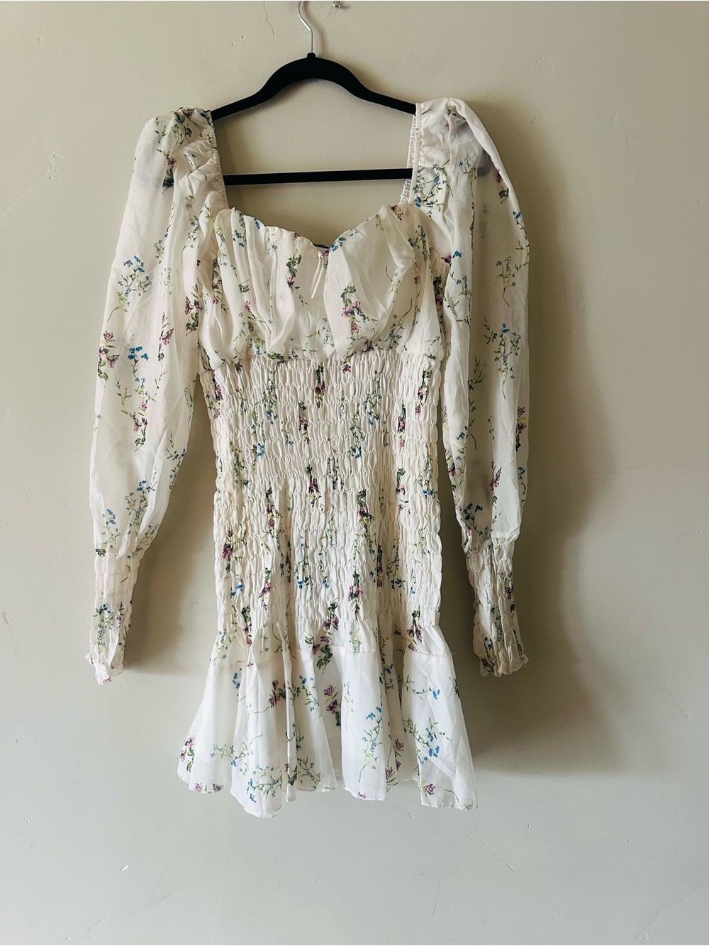 Nasty Gal Ivory Floral Smocked Puff-Sleeve Mini Dress